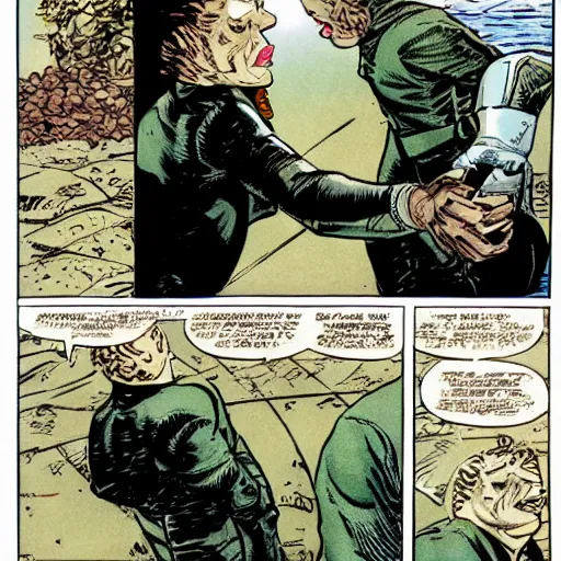 Image similar to two cods talking to eachother in deep sea, art by howard chaykin