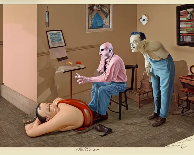 Image similar to the famous snake oil salesman Uncle Aloysius curing a patient of the pink wojacity, painting by Grant Wood, 3D rendering by Beeple, sketch by R. Crumb