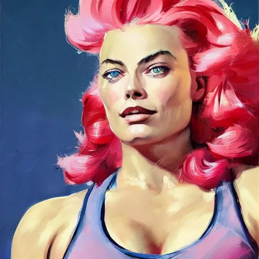 Image similar to greg manchess portrait of margot robbie as thick very muscular weightlifter zarya from overwatch with ponytail and curly pink hair, medium shot, asymmetrical, profile picture, organic painting, sunny day, matte painting, bold shapes, hard edges, street art, trending on artstation, by huang guangjian and gil elvgren and sachin teng