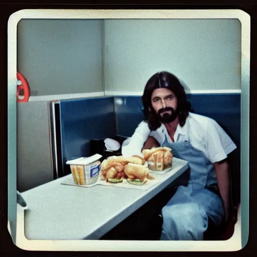 Prompt: jesus taking a lunch break at his day shift at mcdonald ’ s circa 1 9 8 0, polaroid image