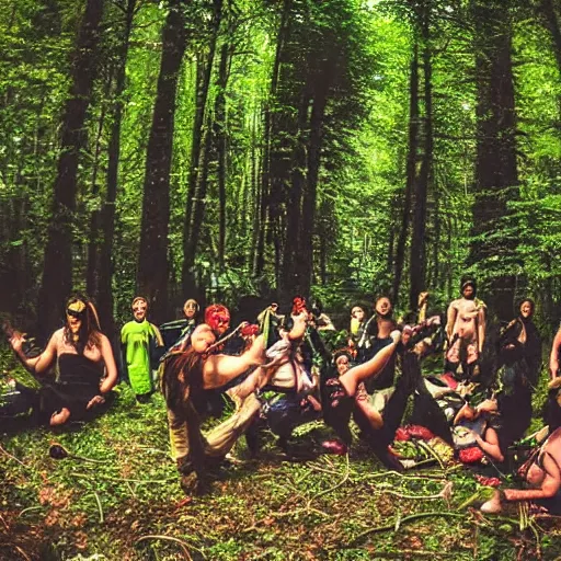 Prompt: psytrance party in a secluded forest, mystical, psychedelic, fog