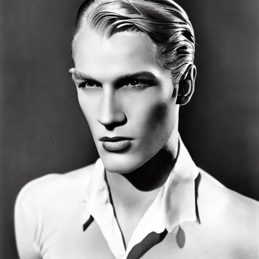 Prompt: a beautiful close - up of a blonde male actor from the 1 9 3 0 s. high cheekbones. good bone structure. dressed in 1 9 4 0 s style. butterfly lightning. key light sculpting the cheekbones. by george hurrell.