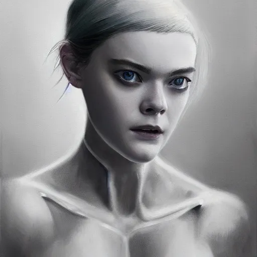 Image similar to ultra realistic portrait painting of elle fanning in ghost in the shell, art by frank frazetta, 4 k, ultra realistic, highly detailed, epic lighting