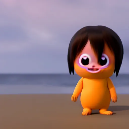 Image similar to final render made with blender of a cute yellow and orange kawaii baby demon with slow eyes and little fangs standing on a beach, by pixar and studio ghibli