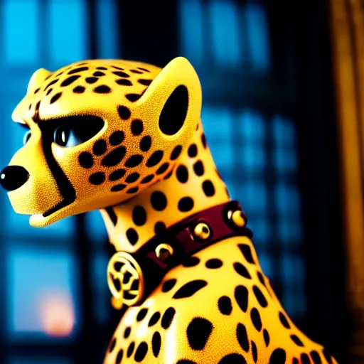 Image similar to A detailed close-up scene from a 2022 Marvel film featuring a steampunk anthropomorphic cheetah wearing a suit in an opulent palace room. Golden Hour. Photorealistic. Kodak Ektar 100.