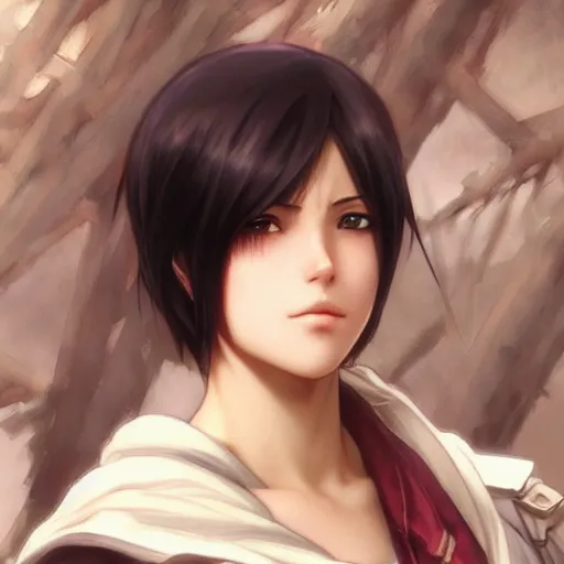 Image similar to mikasa ackerman, bokeh, beautiful face!!!!, 2 7 years old, cg animation, lifelike, animated, realistic, character select portrait, by artgerm, greg rutkowski, alphonse mucha, 3 d