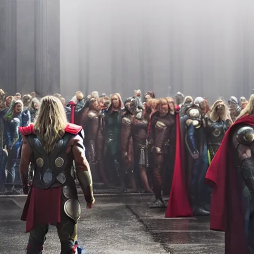 Image similar to A line queue of Thor. Thor is waiting in the line. he is in the middle of the line.