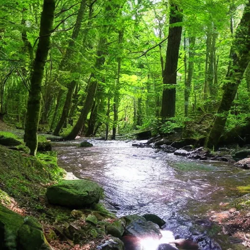 Prompt: There is a stream flowing through a peaceful forest. The sun shines through the trees, dappling the ground with light. The stream babbles gently.