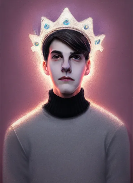 Image similar to portrait of teenage jughead jones wearing a light grey crown, crown, blue turtleneck, closed eyes, photorealistic, black hair, glowing lighting, intricate, elegant, glowing lights, highly detailed, digital painting, artstation, concept art, smooth, sharp focus, illustration, art by wlop, mars ravelo and greg rutkowski