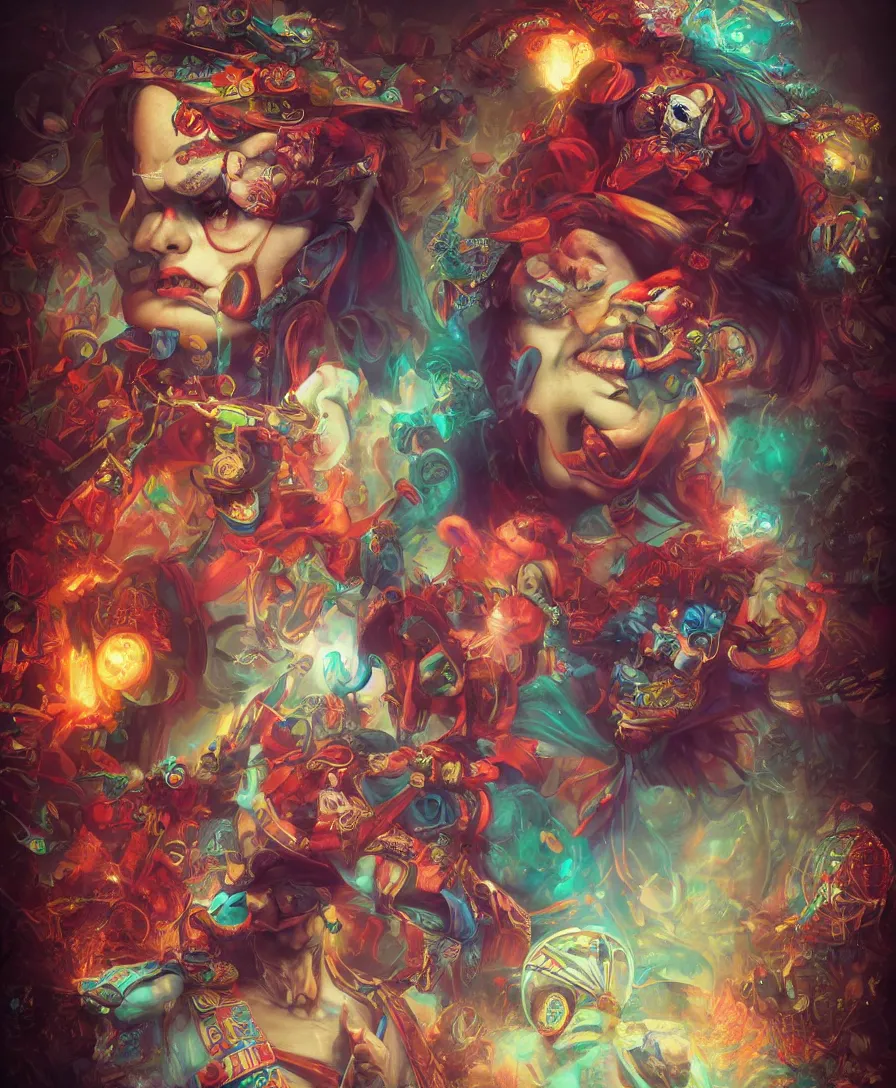 Prompt: welcome to the circus, death Clown, high detail, color tend, deviantart, artstation, octane render, cinematic, hyper realism, 8k, depth of field, artstation, concept art, illustration, vibrant colors, by Tristan Eaton Stanley Artgerm and Tom Bagshaw