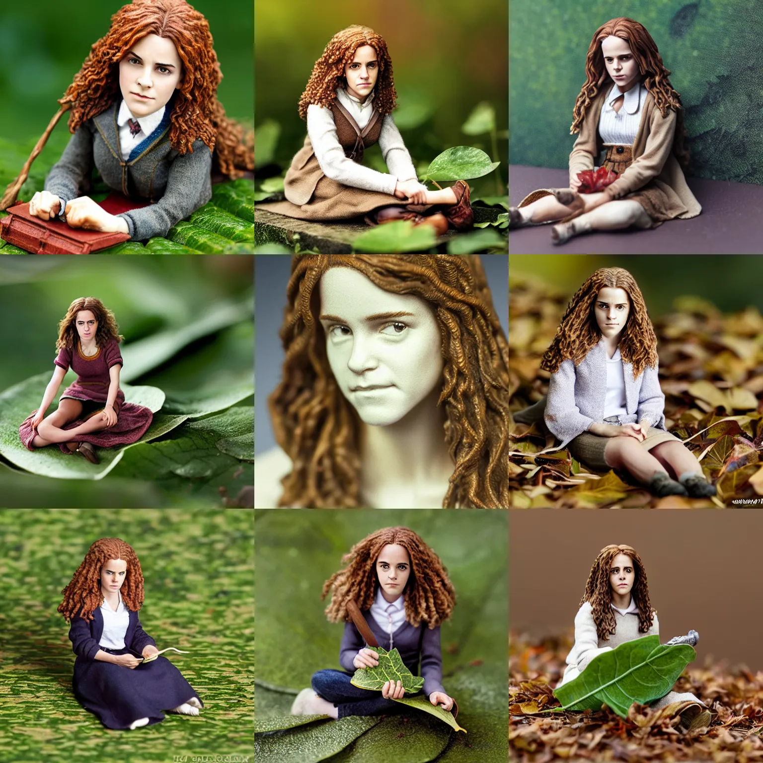 Prompt: Realistic miniature of Hermione Granger/Emma Watson, accurate proportions, sitting on a leaf, macro photography