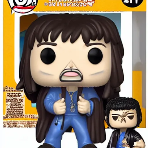 Image similar to a Funko Pop collectible of Ozzy Osbourne. long hair. holding a microphone