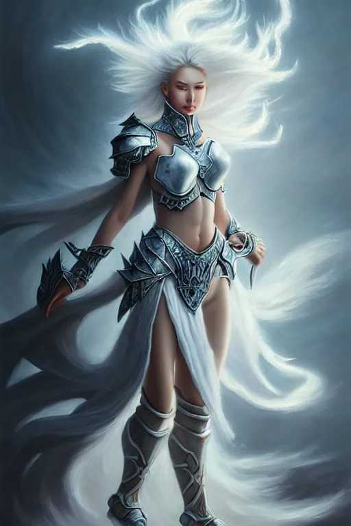 Image similar to oil painting, white, sakimi chan, fantasy armor, detailed face, walking, tony sart, wind, lightning, dramatic lighting