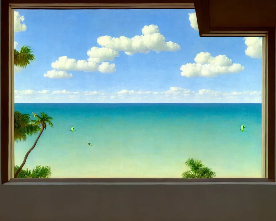 Prompt: view from a modern office window looking out at a tropical beach by raphael, hopper, and rene magritte. detailed, proportional, romantic, vibrant, enchanting, achingly beautiful, graphic print, trending on artstation