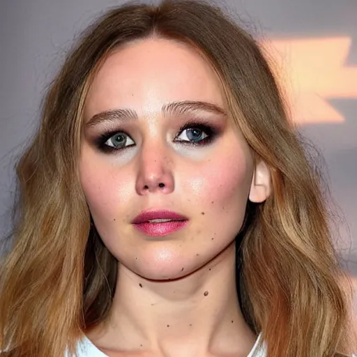 Image similar to a woman who is a genetic combination of jennifer lawrence and elizabeth olsen face and upper - body focus