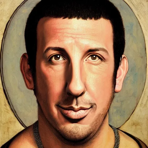 Prompt: Adam Sandler portrait, by Quirizio di Giovanni da Murano, behance, romanesque, da vinci, detailed painting, academic art