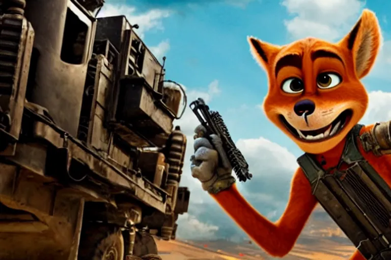 Image similar to nick wilde, heavily armed and armored facing down armageddon in a dark and gritty reboot from the makers of mad max : fury road