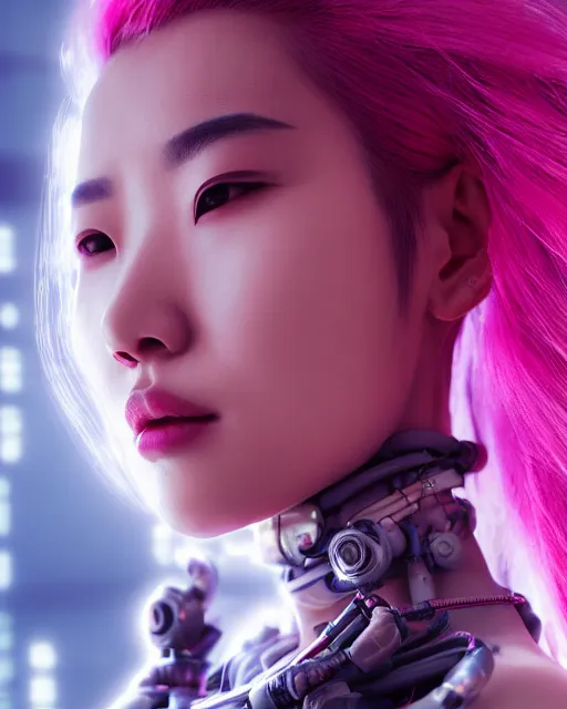 Prompt: portrait of a beautiful asian woman with pink hair as a cyberpunk cyborg half robot, sci - fi, missing panels, intricate abstract upper body intricate artwork, concept art, octane render, deviantart, cinematic, key art, hyperrealism, iridescent accents, portrait photograph, nikon 3 5 mm, photograph by greg rutkowski