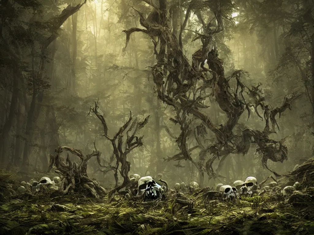 Image similar to skulls of long gone monsters cover the forest floor, digital art by Greg Rutkowski, trending on artstation, octane render, 4k wallpaper, sunlight, volumetrics