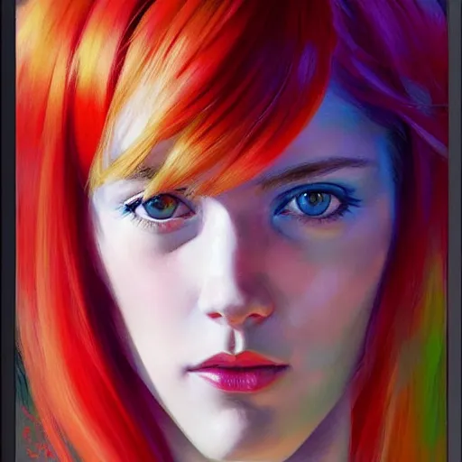 Prompt: tetrachromia half - machine woman with cute - fine - face, pretty face, multicolored hair, realistic shaded perfect face, extremely fine details, by realistic shaded lighting poster by ilya kuvshinov katsuhiro otomo, magali villeneuve, artgerm, jeremy lipkin and michael garmash and rob rey