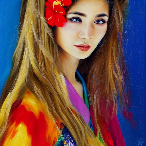 Image similar to stunning, breathtaking, awe - inspiring award - winning concept art portrait painting by steve mccurry of a beautiful young blonde latina woman with short, wavy hair, wearing a colorful yukata