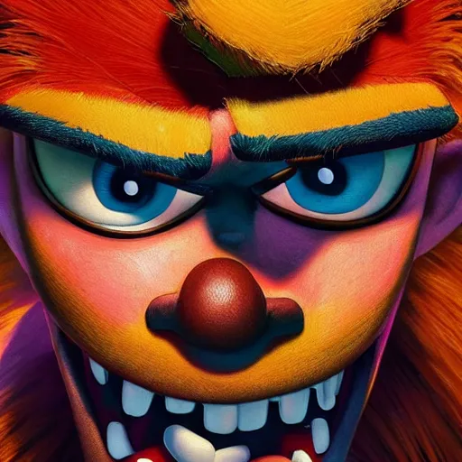 Prompt: upclose portrait of crash bandicoot making a crazy face, painterly style, vivid colors, by norman rockwell, very detailed picture with lots of emotion, trending on artstation, high fidelity, 8 k, has a very realistic look to it, hyper realism