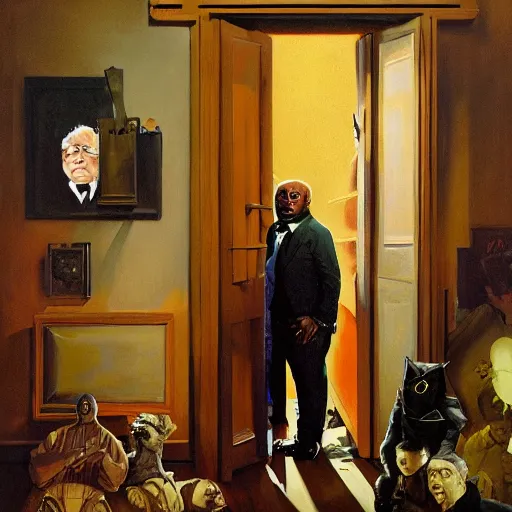 Image similar to dr. uncle ruckus telepathic space lord regally stands at the doorway of his palatial manse jamie wyeth greg rutkowski ralph steadman fernando botero norman rockwell acrylic painting