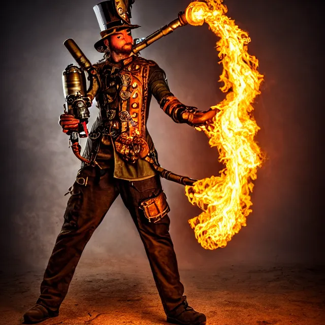 Prompt: full length photo of a beautiful steampunk warrior with a flamethrower, 8 k, hdr, smooth, sharp focus, high resolution, award - winning photo