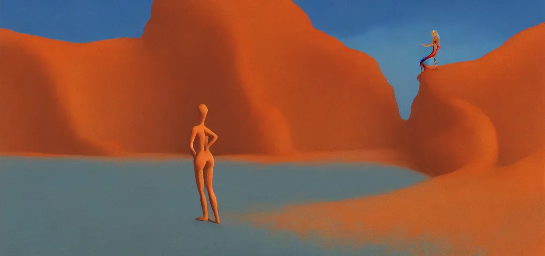 Image similar to a golden salt flat surrounded by dunes with a ruined statue of a woman emerging from the blue sand, illustrated, epic composistion,, edward hopper and zdzislaw beksinski, volumetric lighting, surreal flat colors, concept art