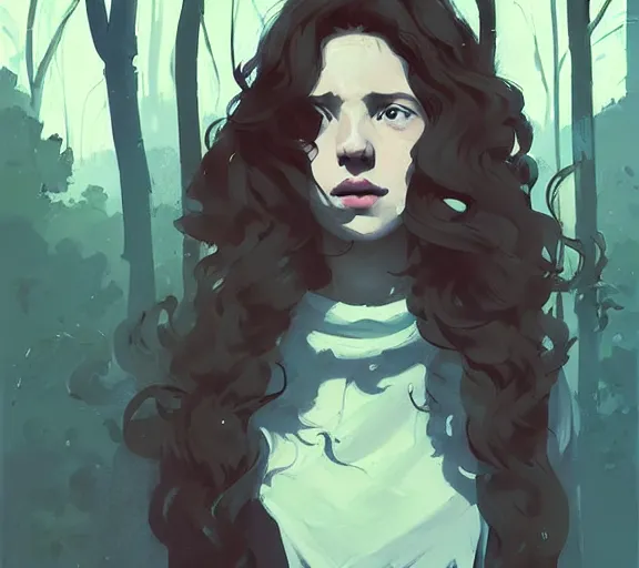 Prompt: portrait woman with long ginger curly hair in the woods, by atey ghailan, by greg rutkowski, by greg tocchini, by james gilleard, by joe fenton, by kaethe butcher, by ashley wood, dynamic lighting, gradient light blue, brown, blonde cream and white color scheme, grunge aesthetic