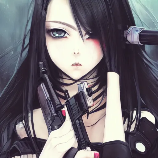 Image similar to upper body portrait of a beautiful girl with long black hair, wearing black riot gear, holding AR-15, drawn by WLOP, by Avetetsuya Studios, attractive character, colored sketch anime manga panel, trending on Artstation