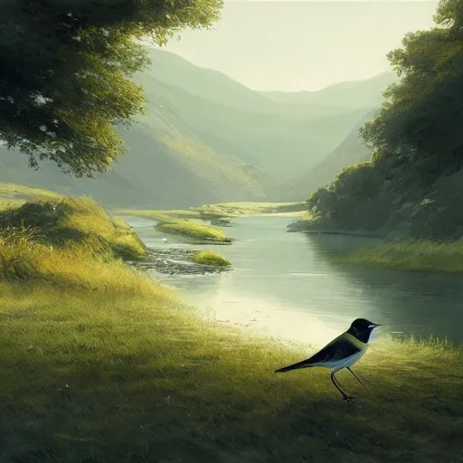 Image similar to wagtail bird in avila, lavandera, alpispa, river, green fields, summer season, 4 k, midday light concept art, by wlop, ilya kuvshinov, artgerm, krenz cushart, greg rutkowski, pixiv. cinematic dramatic atmosphere, sharp focus, volumetric lighting, cinematic lighting, studio quality