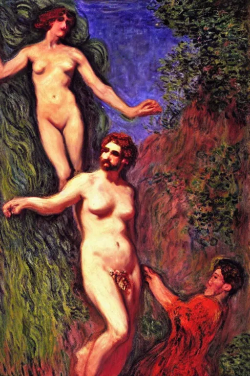 Image similar to Prometheus by Salome with the Head of John the Baptist, background by Claude Monet