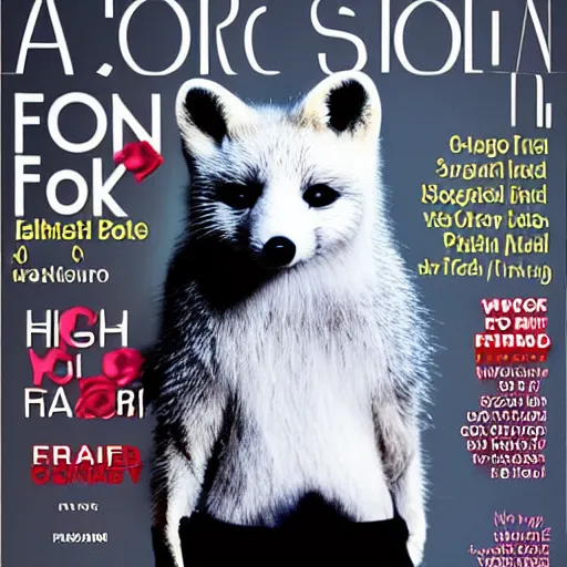 Image similar to fashion magazine cover, featuring anthropomorphic Arctic Fox dressed formally