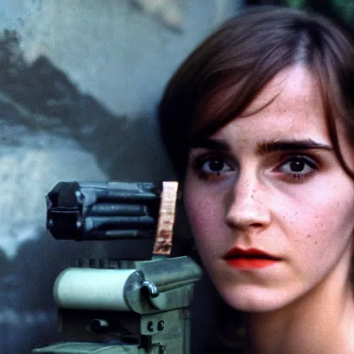 Image similar to film still, close up, emma watson vietnam door gunner, film still from apocalypse now ( 1 9 7 9 ), 2 6 mm, kodak ektachrome, blue tint expired film,