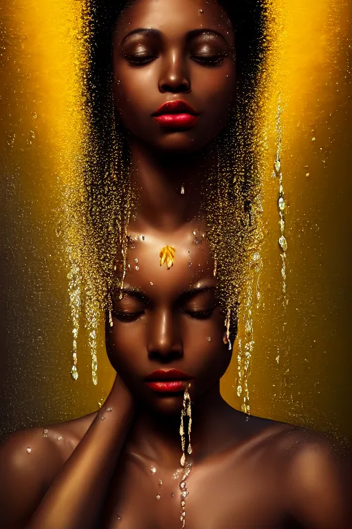 Prompt: hyperrealistic post - romantic cinematic very expressive! black oshun goddess, in water up to her shoulders, mirror dripping droplet!, gold flowers, highly detailed face, digital art masterpiece, smooth eric zener cam de leon chiaroscuro pearlescent teal light, tilt angle uhd 8 k, sharp focus