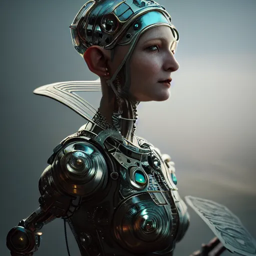 Image similar to dieselpunk robotic elvish empress, extremely detailed, hyperrealistic, intricate, soft light, fantasy, d & d, digital painting, art station, by wlop, octane render, unreal engine, 4 k