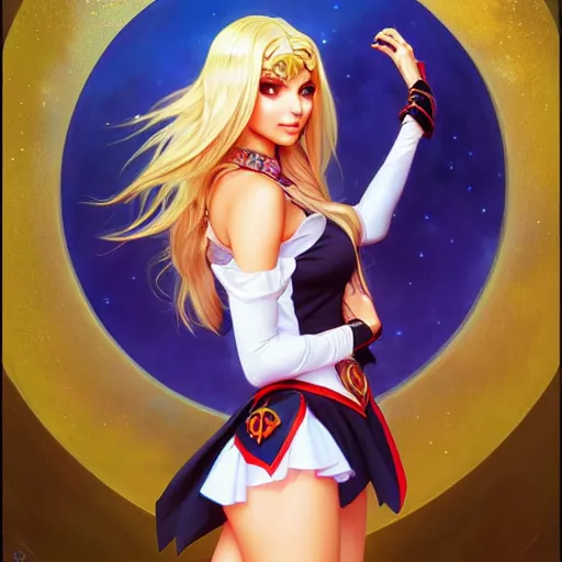 Image similar to Victoria Justice with blonde hair as Sailor Moon, western, D&D, fantasy, intricate, elegant, highly detailed, digital painting, artstation, concept art, matte, sharp focus, illustration, art by Artgerm and Greg Rutkowski and Alphonse Mucha