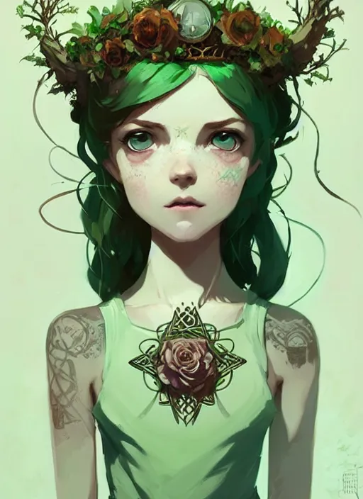 Image similar to portrait of cute fairy girl with crown of flowers covered with celtic rune tattoos, fantasy, by atey ghailan, by greg rutkowski, by greg tocchini, by james gilleard, by joe gb fenton, by kaethe butcher, dynamic lighting, gradient light green, brown, blonde cream and white color in scheme, grunge aesthetic