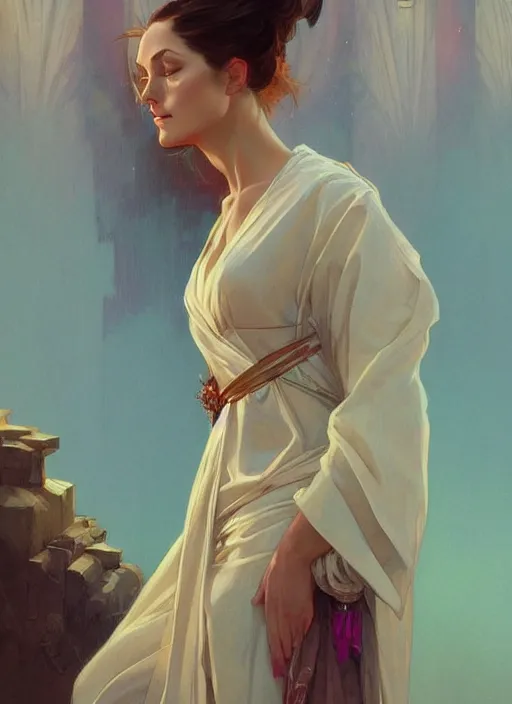 Image similar to julia regza wearing a silk robe, digital painting, artstation, concept art, sharp focus, illustration, art by artgerm and greg rutkowski and alphonse mucha