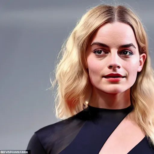 Image similar to a woman who is a genetic combination of margot robbie and emma watson face and upper - body focus