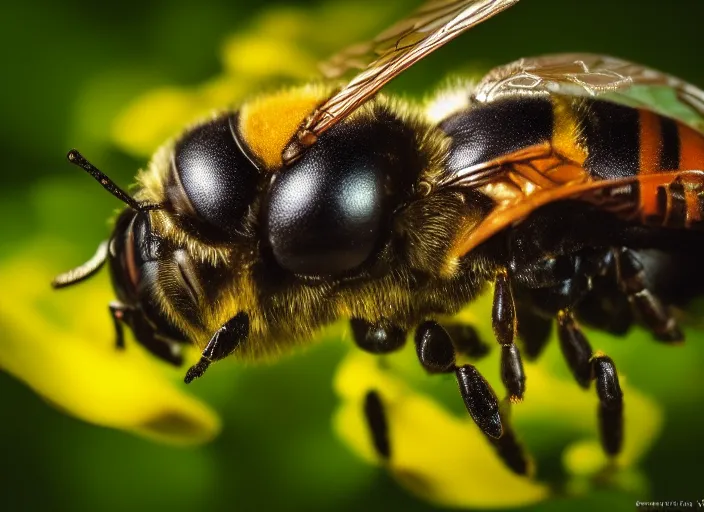 Prompt: super macro of a cyborg bee drinking from a flower in the forest. fantasy magic style. highly detailed 8 k. intricate. nikon d 8 5 0 3 0 0 mm. award winning photography.