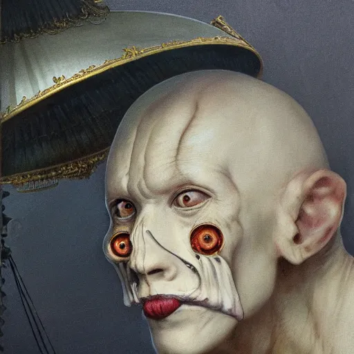 Prompt: closeup portrait of eyeless albino mandarin with thin, stained lips and smoking eye sockets standing under rococo lamp on rooftop overlooking the city, science fiction concept art by j. c. leyendecker, greg rutkowski, stephen gammell, deak ferrand, anato finnstark, yoshitaka amano, and rembrandt