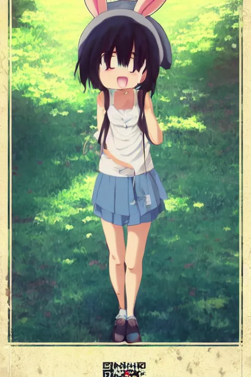 Prompt: Poster of tonemapped Smiling anime girl with bunny hat in the style of Makoto Shinkai and Yun Koga