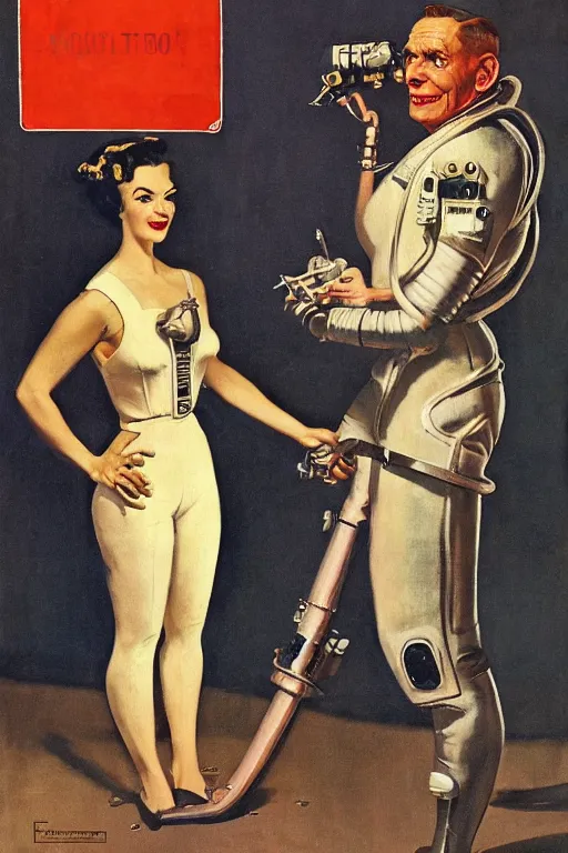 Image similar to 5 0 s pulp scifi fantasy illustration full body portrait elegant woman wearing latex spacesuit standing beside monster, by norman rockwell, edd cartier, roberto ferri, tom lovell, frank r paul, dean cornwell, astounding stories, amazing, fantasy, other worlds