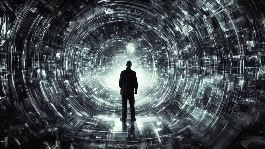 Image similar to movie scene of a man standing in front of a multiverse machine, movie still, cinematic composition, cinematic light, by andrzej zuławski