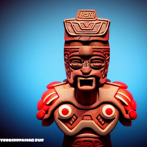 Image similar to closeup 3 d toy maori aztec god as funco toy, plastic, sss, octane 4 k render, studio lighting, artstation, cyan photographic backdrop, 1 0 5 mm, f 2. 8 aperture