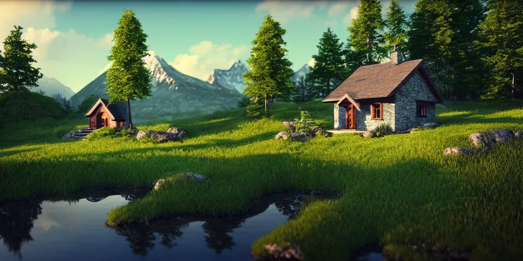 Prompt: a beautiful fantasy landscape, mountain in background, little cottage, small pond, some trees in the corner. hyper realism, octane render