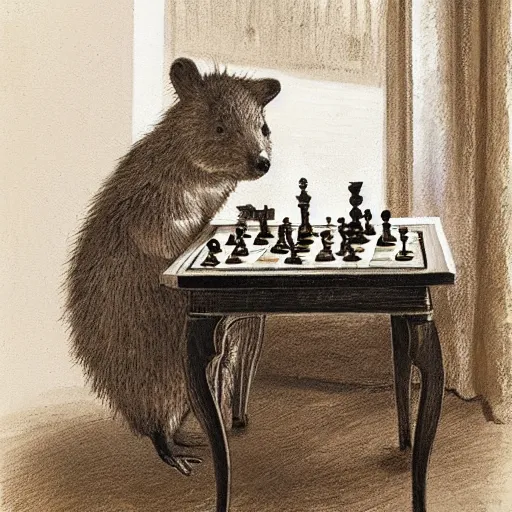 Image similar to a quokka playing chess inside a cozy victorian living room, in the style of anders zorn