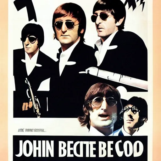 Image similar to john lennon and the beatles star in a james bond movie, 1960s film poster